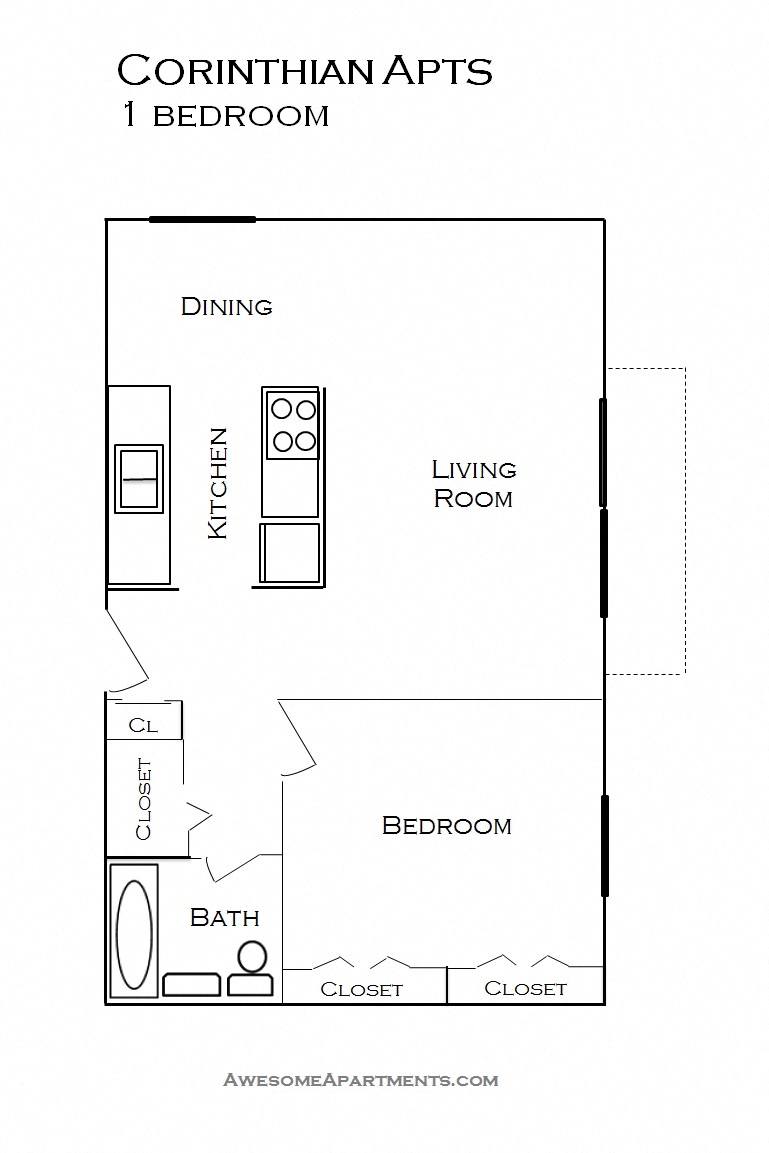 Floor plan for 1 bed, 1 bath, 725 sqft